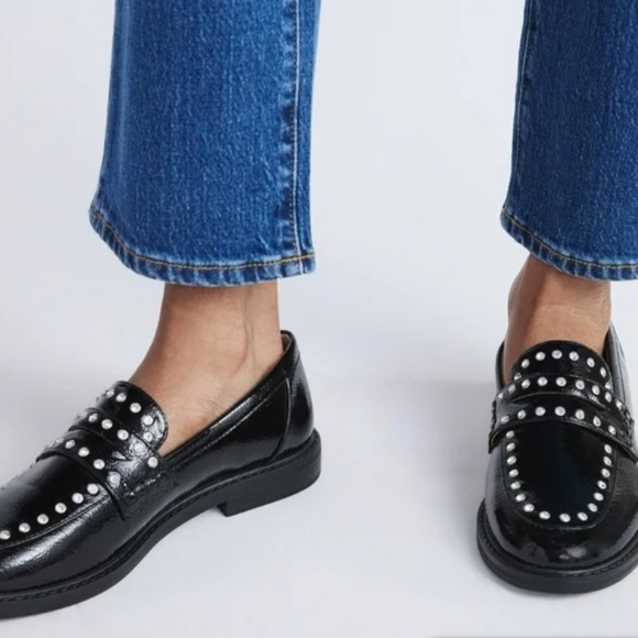 Free Assembly Women’s Studded Loafers Size 11 Black Patent Slip-On Flats All Man - Picture 1 of 6